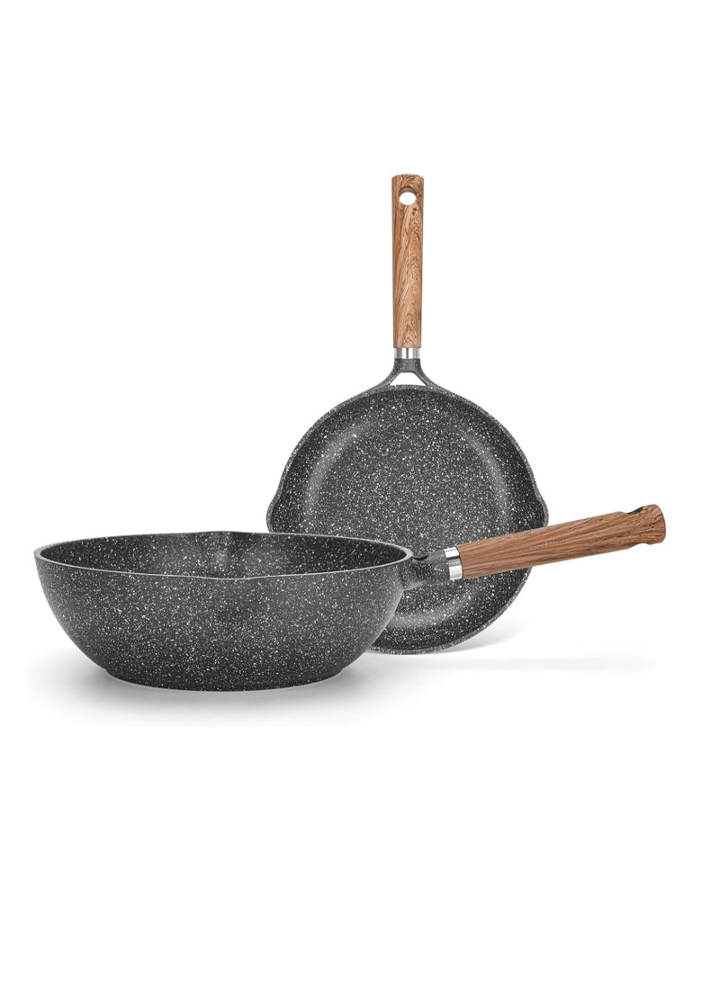 Frying Pan and Wok Pan Combo Set Frying Pan 24cm And Wok Pan 28m, Aluminum Granite Greblon C2 Coating Frypan Milano Series, Induction Bottom for all Cooktops | Ergonomic Bakelite Handle | PFOA Free