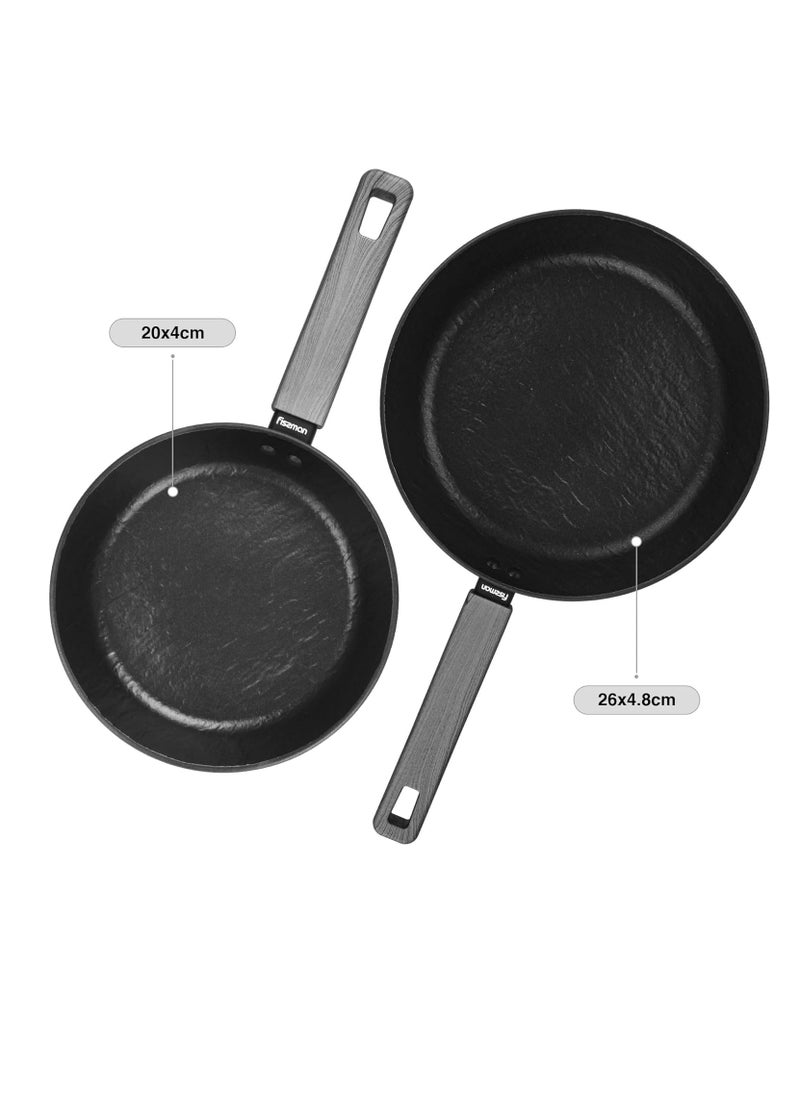 2-Piece Frying Pan 20cm And 26cm, Aluminum Non Stick Coating Vela Rock Series | Induction Bottom Technology | Ergonomic Bakelite Handle, PFOA Free Kitchen Cookware, for Omelets, Stir Frying