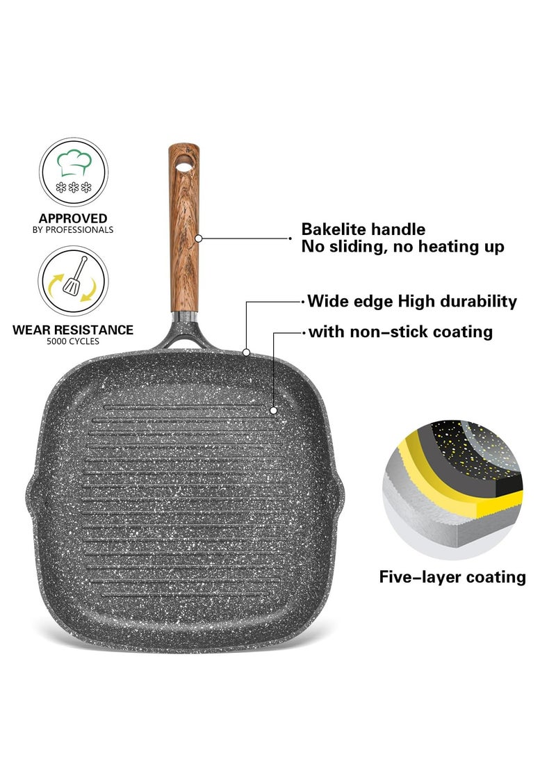 Fry Pan and Grill Pan Set Frying Pan 26cm And Grill Pan 28cm, with Pour Spouts, Aluminum Granite Greblon C2 Coating Frypan Milano Series, Induction Bottom for all Cooktops | Ergonomic Bakelite Handle | PFOA Free