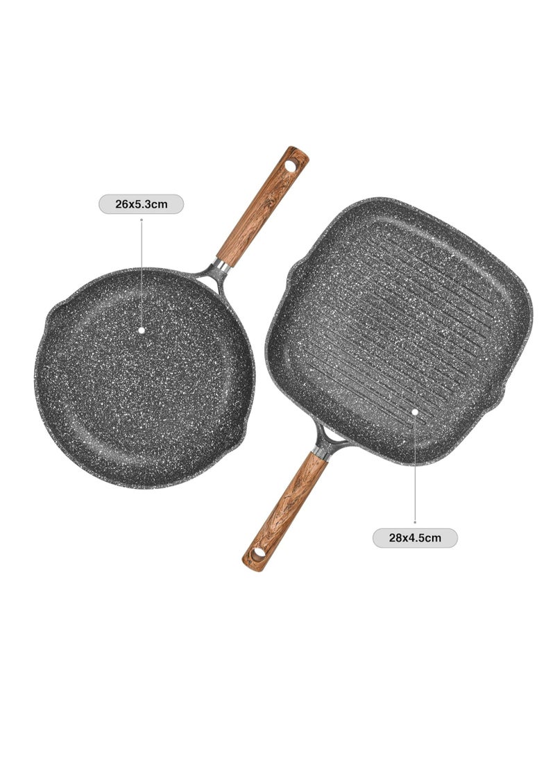 Fry Pan and Grill Pan Set Frying Pan 26cm And Grill Pan 28cm, with Pour Spouts, Aluminum Granite Greblon C2 Coating Frypan Milano Series, Induction Bottom for all Cooktops | Ergonomic Bakelite Handle | PFOA Free