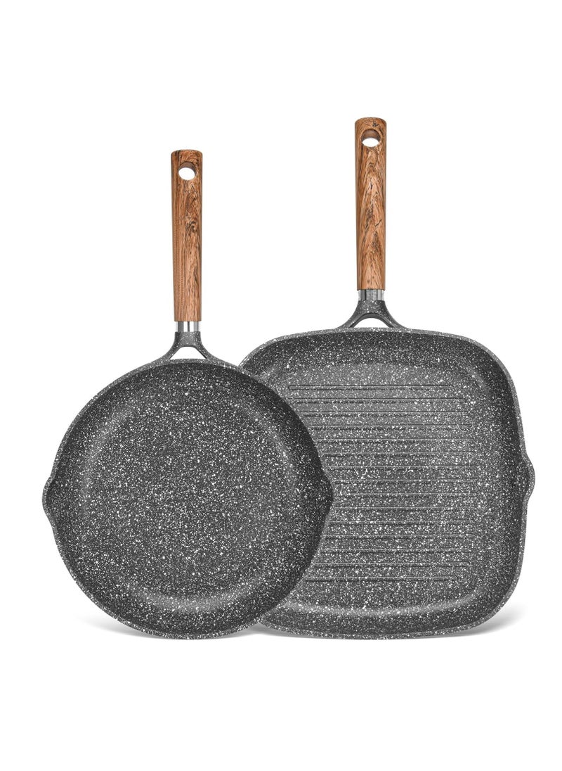 Fry Pan and Grill Pan Set Frying Pan 26cm And Grill Pan 28cm, with Pour Spouts, Aluminum Granite Greblon C2 Coating Frypan Milano Series, Induction Bottom for all Cooktops | Ergonomic Bakelite Handle | PFOA Free