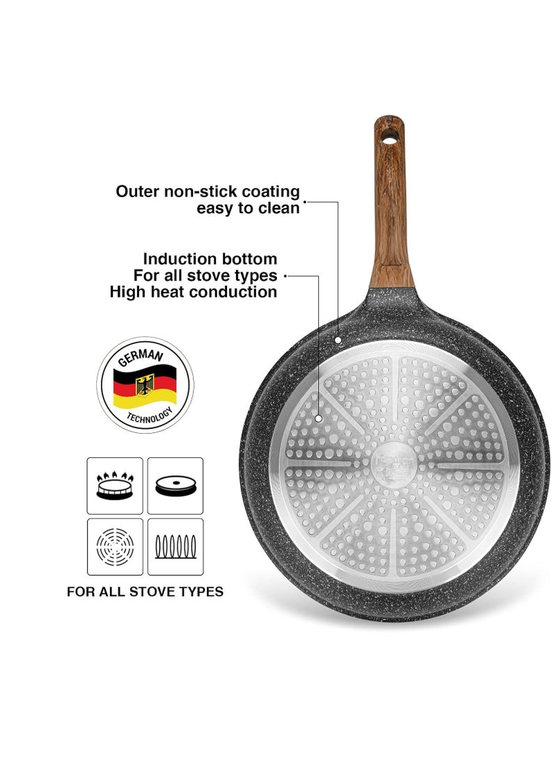 2-Piece Non Stick Frying Pan 24cm x 26cm, Aluminum Ceramic Coating Space Stone Series | Induction Bottom | Ergonomic Bakelite Handle | PFOA Free Kitchen Cookware | for Omelets, Stir Frying