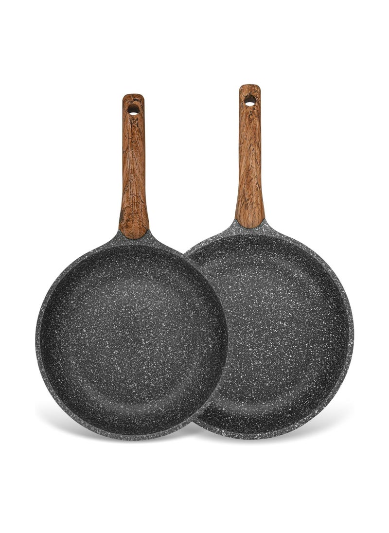 2-Piece Non Stick Frying Pan 24cm x 26cm, Aluminum Ceramic Coating Space Stone Series | Induction Bottom | Ergonomic Bakelite Handle | PFOA Free Kitchen Cookware | for Omelets, Stir Frying