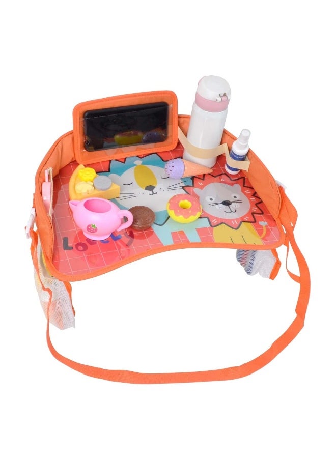 Kids Travel Tray Car Seat Activity and Play Tray Organizer for Children and Toddlers Lap Desk with Tablet Phone Holder Waterproof and Foldable (Orange)