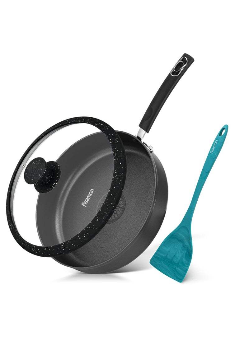 Deep Frying Pan 28cm with Glass Lid and Spatula, Aluminum Non Stick And Induction Bottom Technology