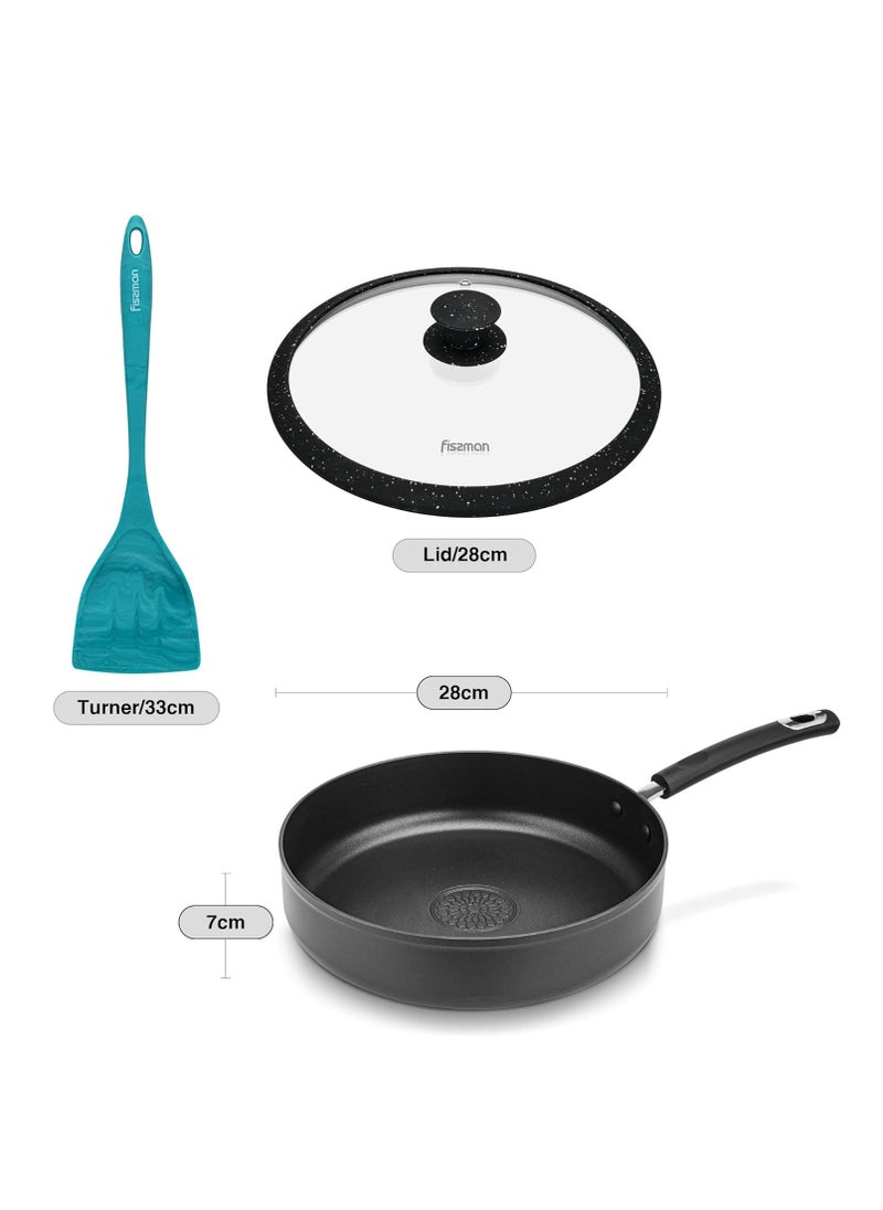 Deep Frying Pan 28cm with Glass Lid and Spatula, Aluminum Non Stick And Induction Bottom Technology