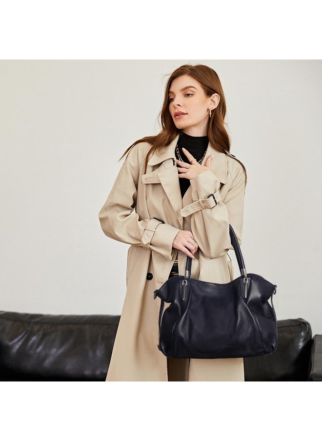Genuine Leather Purses For Women Ladies Shoulder Handbags Top Handle Tote Bags Hobo Designer Satchel Crossbody Handbag (Navy Blue)
