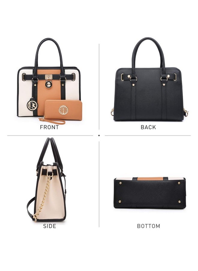 Two Tone Satchel Handbags Purses For Women Vegan Leather Shoulder Bags Large Tote Bag With Matching Wallet/Chain Strap