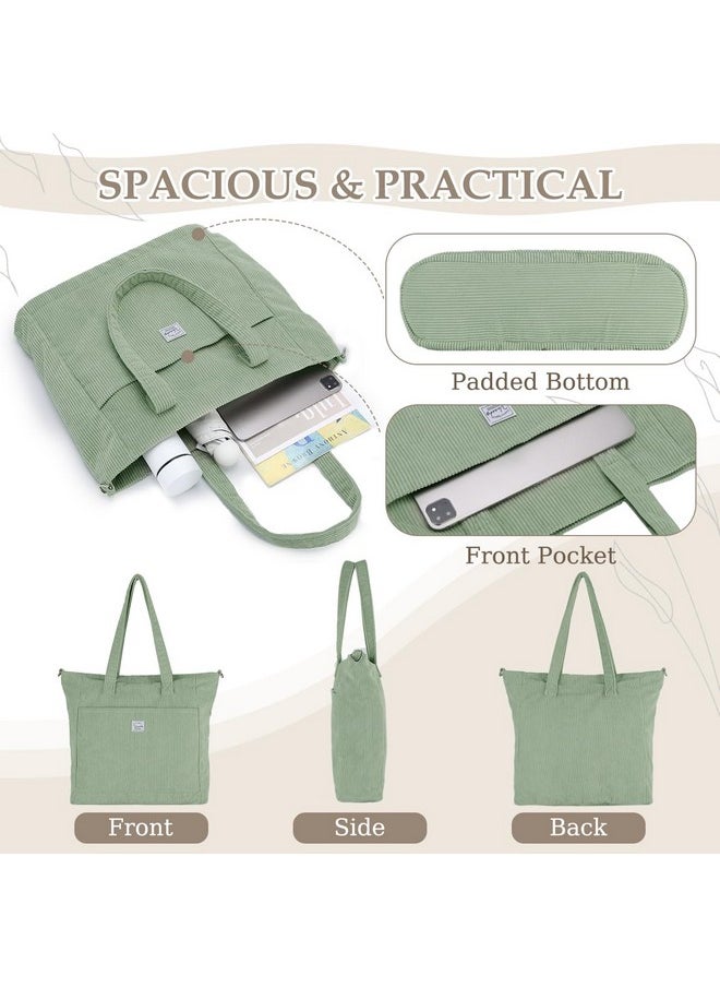 Corduroy Tote Bag For Women,Casual Lightweight Large Work Tote With Zipper Hobo Shoulder Crossbody Bag Purse Light Green