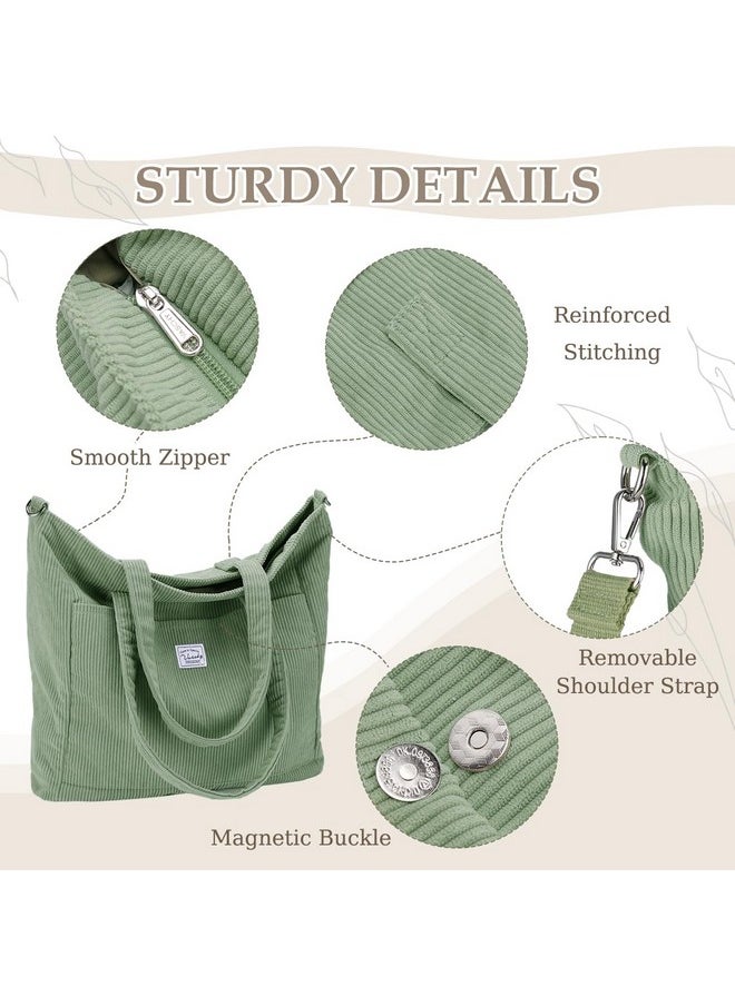 Corduroy Tote Bag For Women,Casual Lightweight Large Work Tote With Zipper Hobo Shoulder Crossbody Bag Purse Light Green