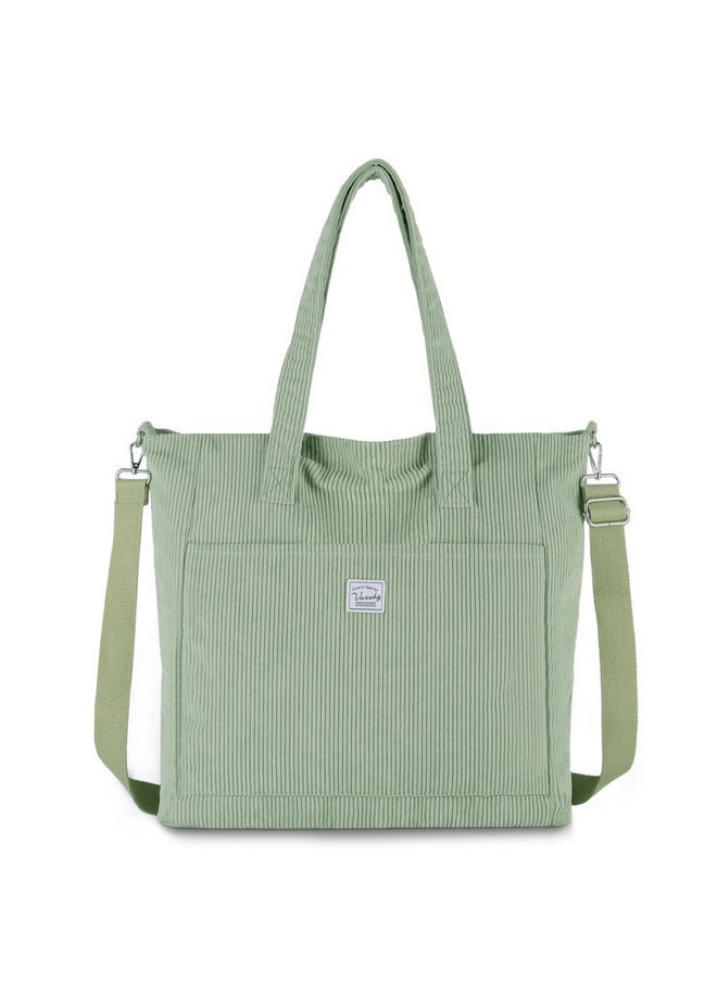 Corduroy Tote Bag For Women,Casual Lightweight Large Work Tote With Zipper Hobo Shoulder Crossbody Bag Purse Light Green