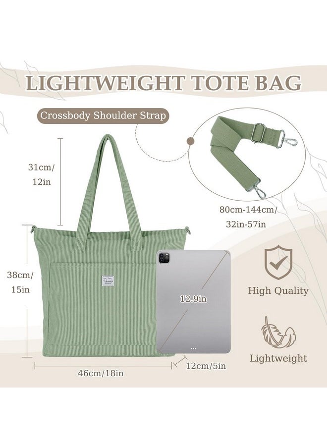 Corduroy Tote Bag For Women,Casual Lightweight Large Work Tote With Zipper Hobo Shoulder Crossbody Bag Purse Light Green