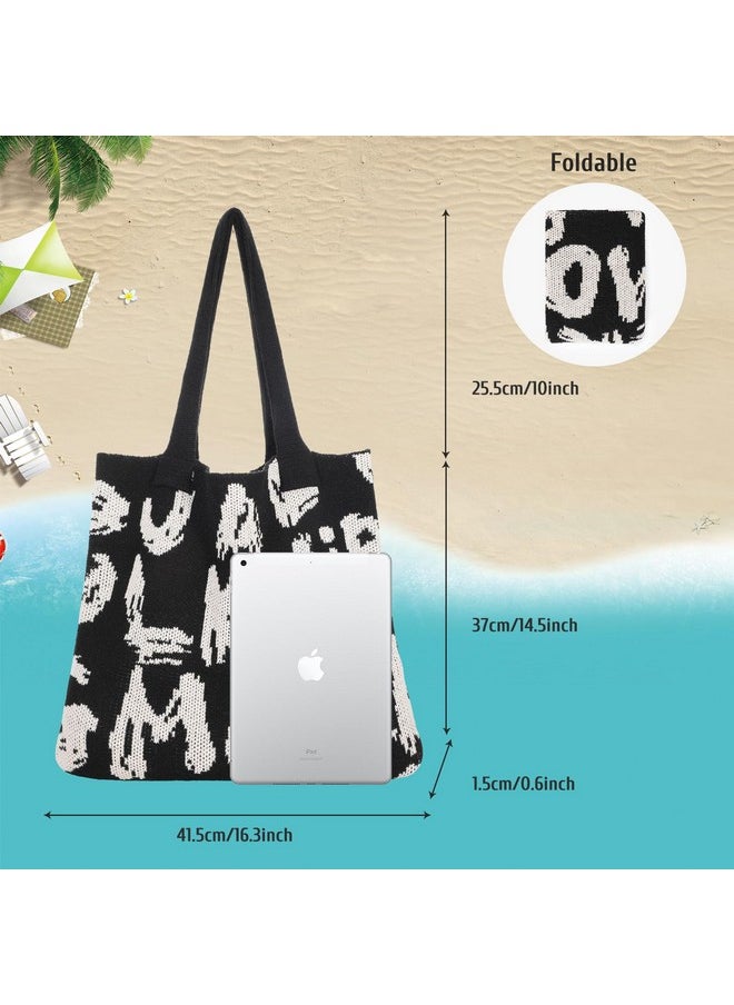 Crochet Tote Bag For Women Mesh Beach Bag For Summer Vacation Aesthetic Hobo Knit Shoulder Bag, Black With Letter