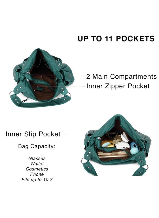 Purses For Women Large Hobo Bags Washed Vegan Leather Shoulder Bag Satchel Tote Top Handle Handbags, H129235, Turquoise Green