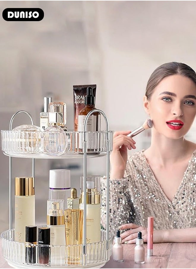 360° Rotating Makeup Organizer for Vanity, Bathroom Countertop Organizer Spinning Perfume Organizer, High-Capacity Cosmetic and Skincare Dresser Make Up Holder Rack, Clear Bathroom Counter Organizer for Cosmetics, Lipsticks, Spinning (2 Tier)