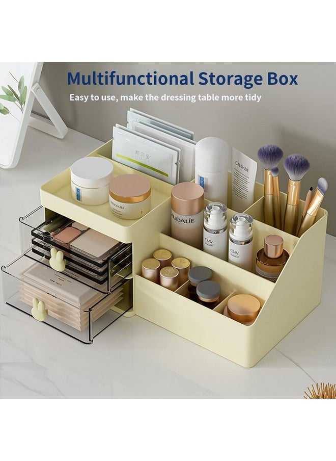 HOUSE OF QUIRK Polypropylene, Polystyrene 2 Drawer Cosmetics Makeup Organizer For Vanity Bathroom, Clear Drawer Cosmetic Storage Display Case With Brush Holder, Desk Countertop (Cream),Grey