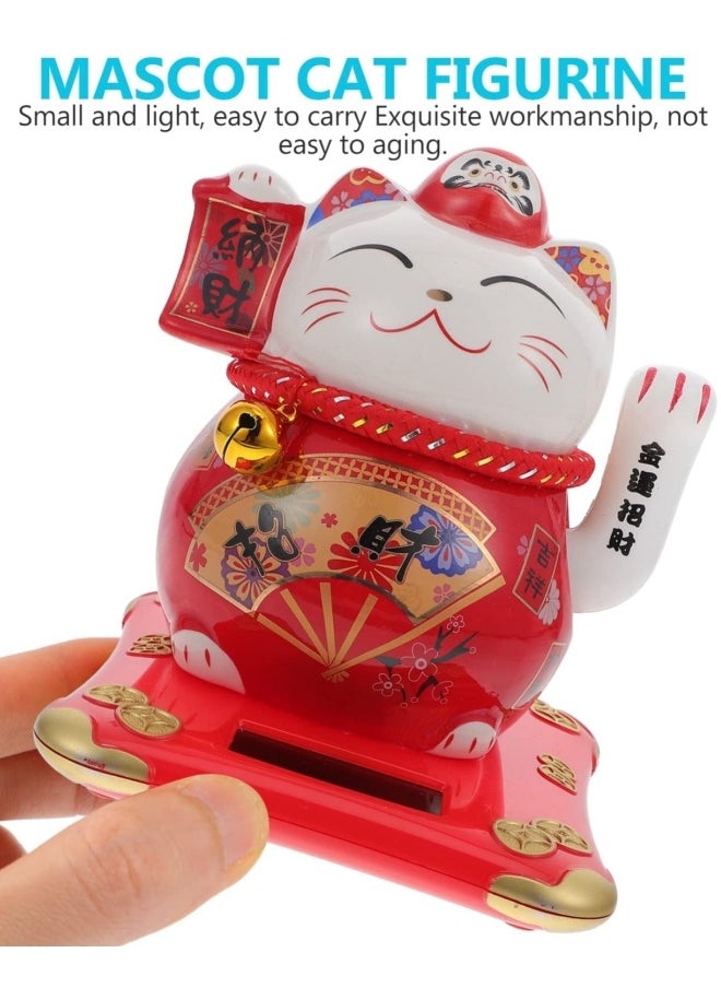 Fortune Cat, Solar Powered Miniature Waving Arm Cat Statue Figure Japanese Maneki Neko Lucky Cat Figurines Cute Waving Upright Lucky Fortune Cat Red Chinese Decor