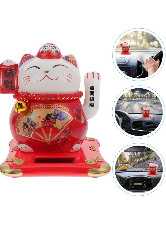 Fortune Cat, Solar Powered Miniature Waving Arm Cat Statue Figure Japanese Maneki Neko Lucky Cat Figurines Cute Waving Upright Lucky Fortune Cat Red Chinese Decor