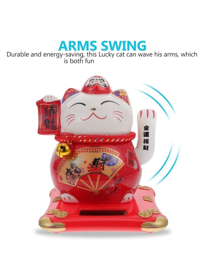 Fortune Cat, Solar Powered Miniature Waving Arm Cat Statue Figure Japanese Maneki Neko Lucky Cat Figurines Cute Waving Upright Lucky Fortune Cat Red Chinese Decor