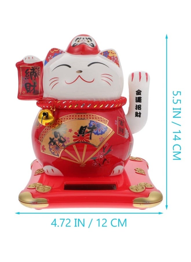 Fortune Cat, Solar Powered Miniature Waving Arm Cat Statue Figure Japanese Maneki Neko Lucky Cat Figurines Cute Waving Upright Lucky Fortune Cat Red Chinese Decor