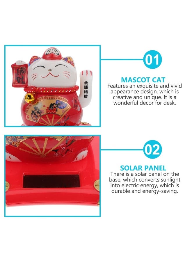 Fortune Cat, Solar Powered Miniature Waving Arm Cat Statue Figure Japanese Maneki Neko Lucky Cat Figurines Cute Waving Upright Lucky Fortune Cat Red Chinese Decor