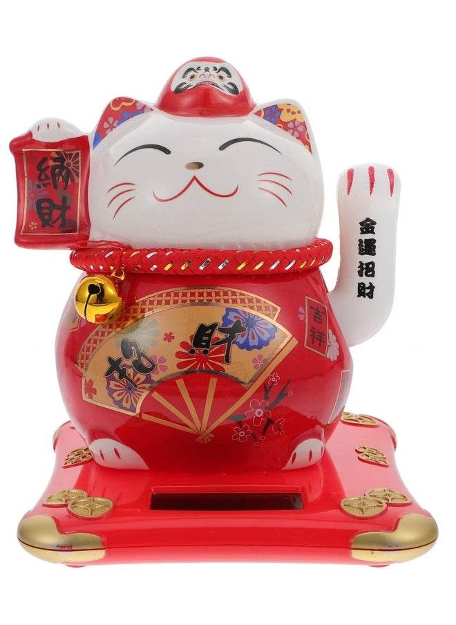 Fortune Cat, Solar Powered Miniature Waving Arm Cat Statue Figure Japanese Maneki Neko Lucky Cat Figurines Cute Waving Upright Lucky Fortune Cat Red Chinese Decor