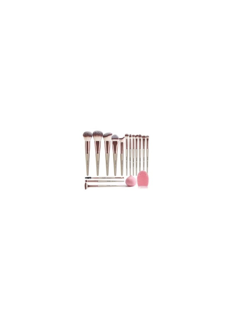 Makeup Brushes Set Foundation Contour Concealer Blush Powder Make Up Brushes 15 Pcs With 1 Makeup Sponge & 1 Brush Cleaner (Champagne)