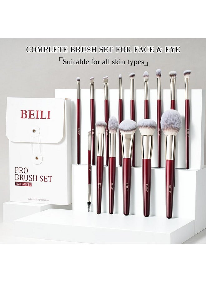 BEILI Makeup Brushes 15Pcs Original Make Up Brushes Set Vegan Foundation Concealers Blush Eyeshadow Eyeliner Powder Highlighter Blending Face Brush Set(Red)