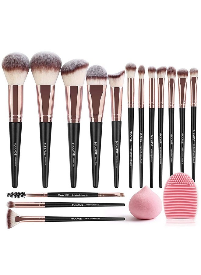 MAANGE Professional Makeup Brushes 15 Pcs Synthetic Makeup Brushes Set With 1 Makeup Sponge & 1 Brush Cleaner (Black Gold)