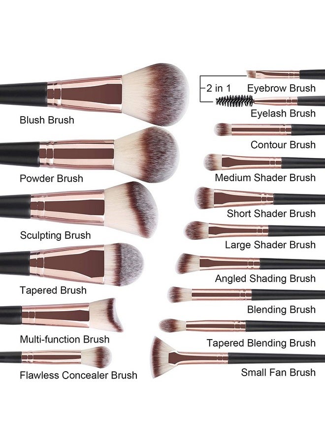 MAANGE Professional Makeup Brushes 15 Pcs Synthetic Makeup Brushes Set With 1 Makeup Sponge & 1 Brush Cleaner (Black Gold)