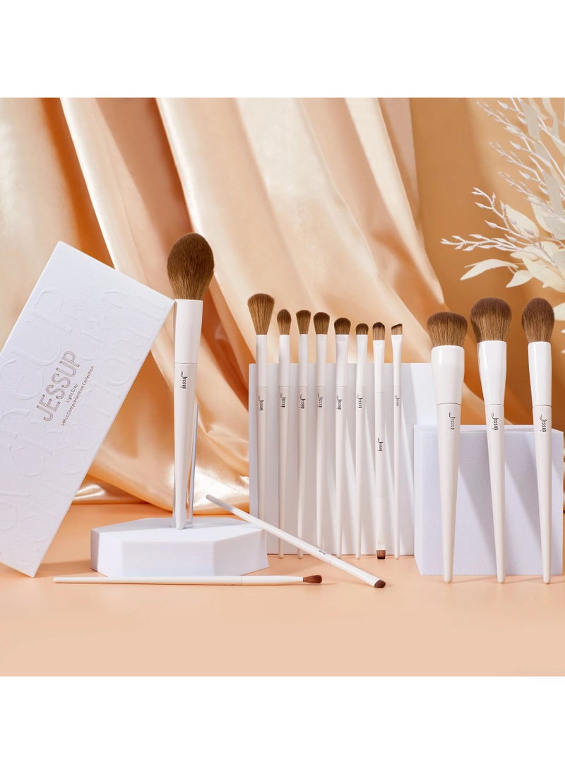 Jessup Vegan Makeup Brushes Set Professional Eco-friendly Synthetic Powder Foundation Highlight Concealer Eyeshadow Blending Eyebrow Liner Spoolie Brush Set Light Grey 14pcs T329