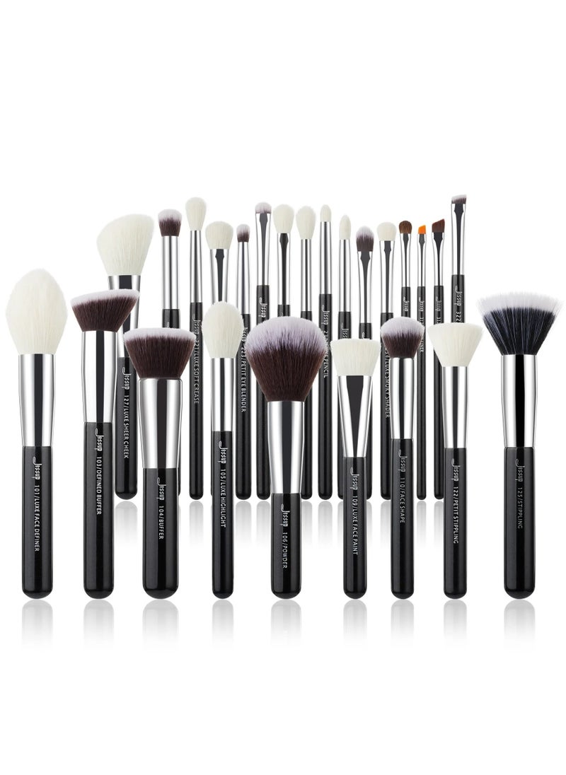 Jessup 25Pcs Professional Makeup Brush Set Foundation Powder Concealer Eyeshadow Blending Blush Highlighter Natural-Synthetic Hair Brushes (Black/Silver) T175