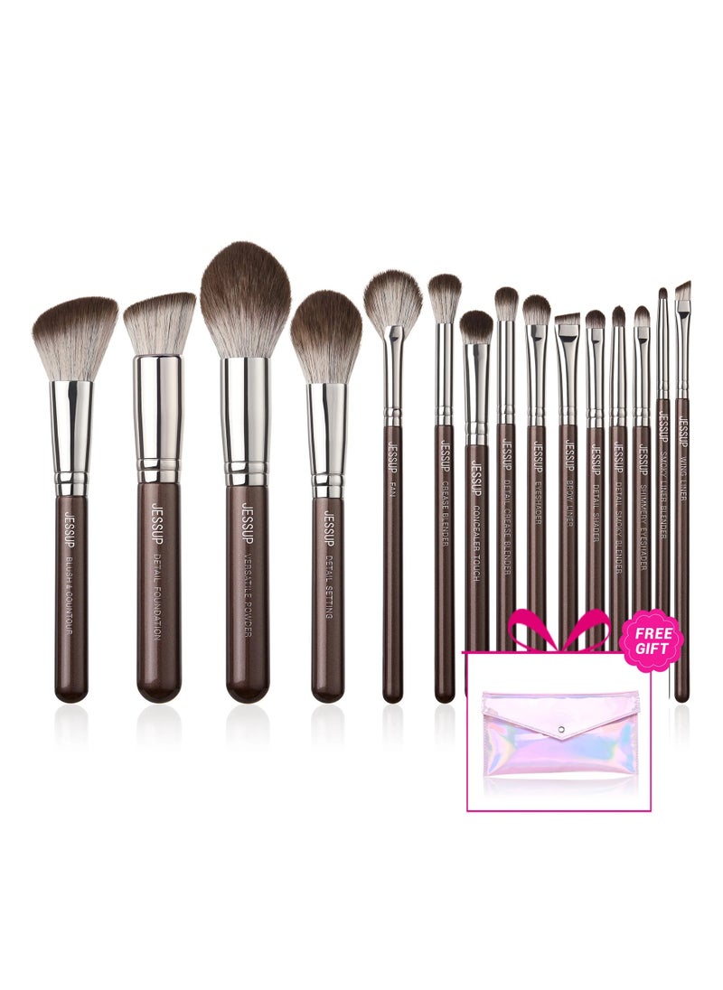 Jessup Makeup Brushes Set 15pcs Brown Make up Brushes Set Professional Premium Synthetic Foundation Eyebrow Concealer Blush Eyeshadow Contour Eyeliner Powder Blending Highlighter Brush T498