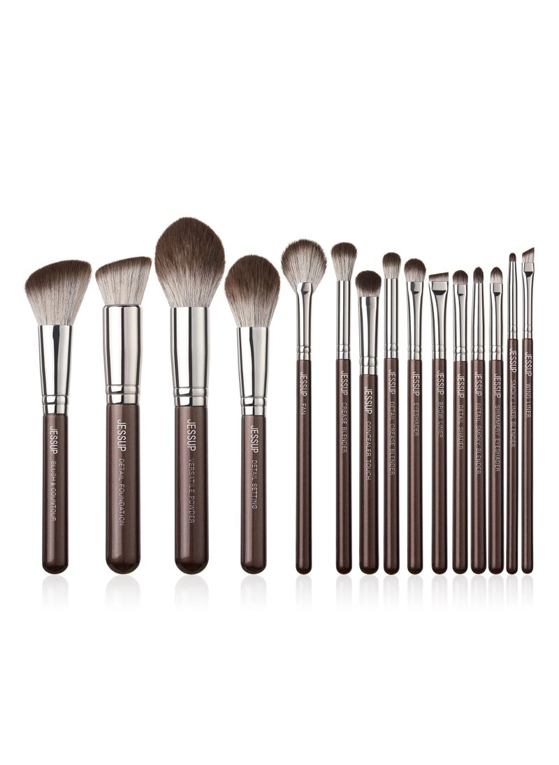 Jessup Makeup Brushes Set 15pcs Brown Make up Brushes Set Professional Premium Synthetic Foundation Eyebrow Concealer Blush Eyeshadow Contour Eyeliner Powder Blending Highlighter Brush T498