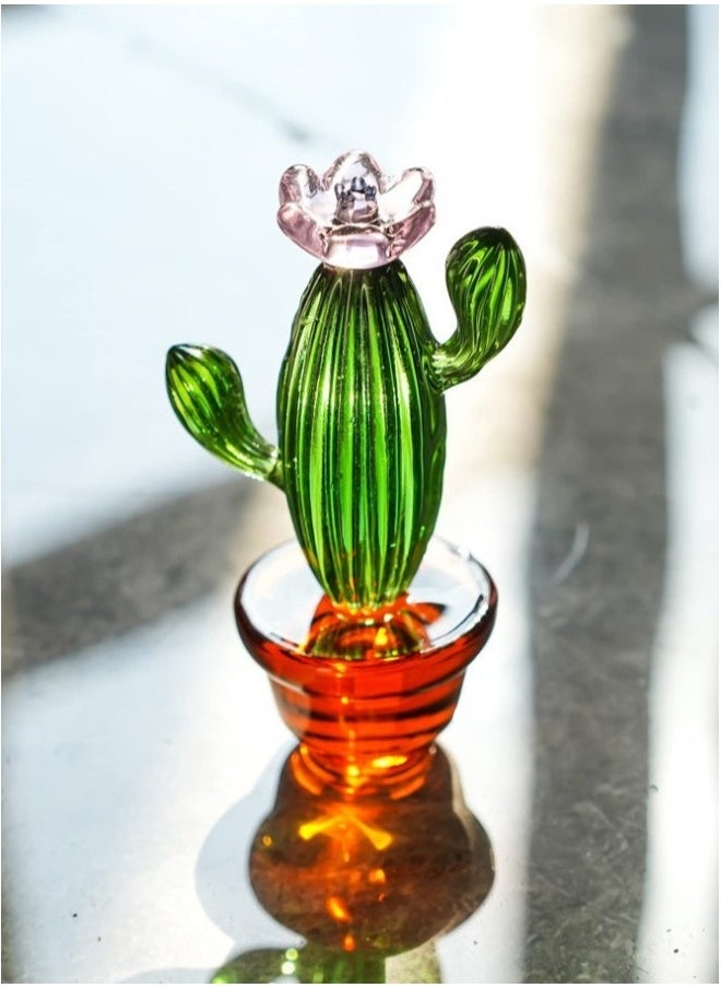 Handmade Blown Glass Art Cactus  Crystal Miniature Cactus Figurines Home Office Desk Tabletop Simulation Plants Decorations Car Inner Ornaments(4.3inch)