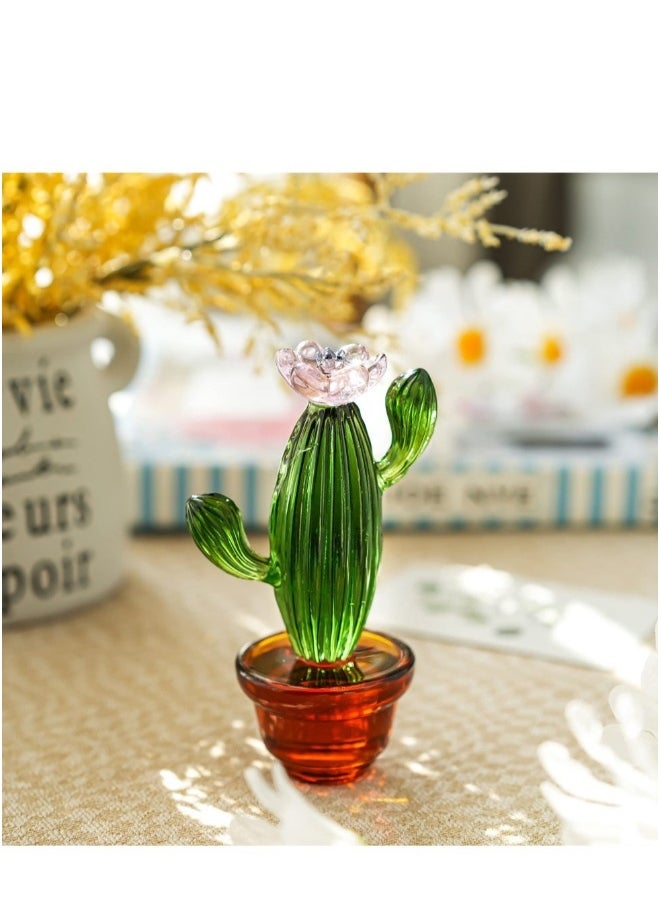 Handmade Blown Glass Art Cactus  Crystal Miniature Cactus Figurines Home Office Desk Tabletop Simulation Plants Decorations Car Inner Ornaments(4.3inch)