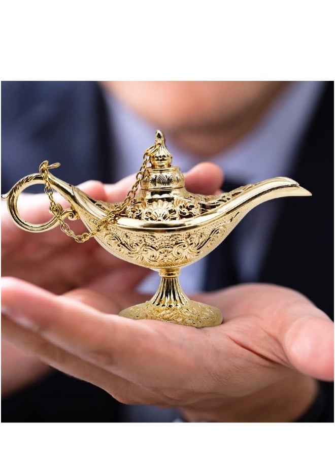 Vintage Legend Aladdin Magic Genie Lamp, Metal Carved Wishing Light for Home Wedding Party Tabletop Decoration Delicate Gift, Small Gold