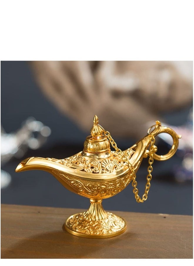 Vintage Legend Aladdin Magic Genie Lamp, Metal Carved Wishing Light for Home Wedding Party Tabletop Decoration Delicate Gift, Small Gold