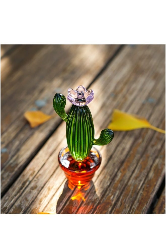 Handmade Blown Glass Art Cactus  Crystal Miniature Cactus Figurines Home Office Desk Tabletop Simulation Plants Decorations Car Inner Ornaments(4.3inch)