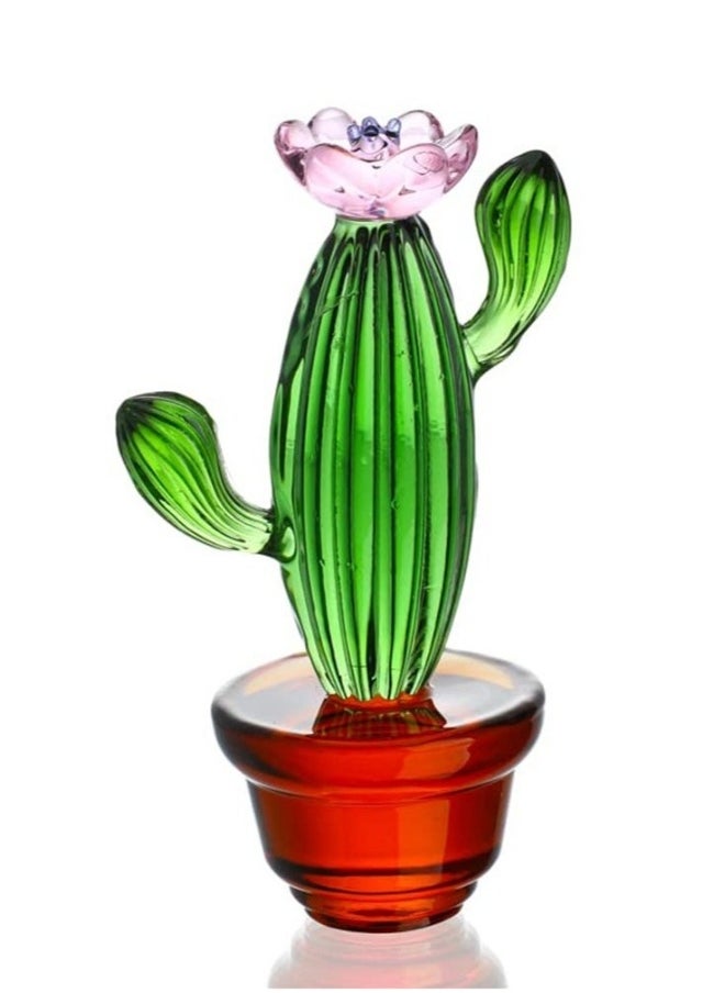 Handmade Blown Glass Art Cactus  Crystal Miniature Cactus Figurines Home Office Desk Tabletop Simulation Plants Decorations Car Inner Ornaments(4.3inch)