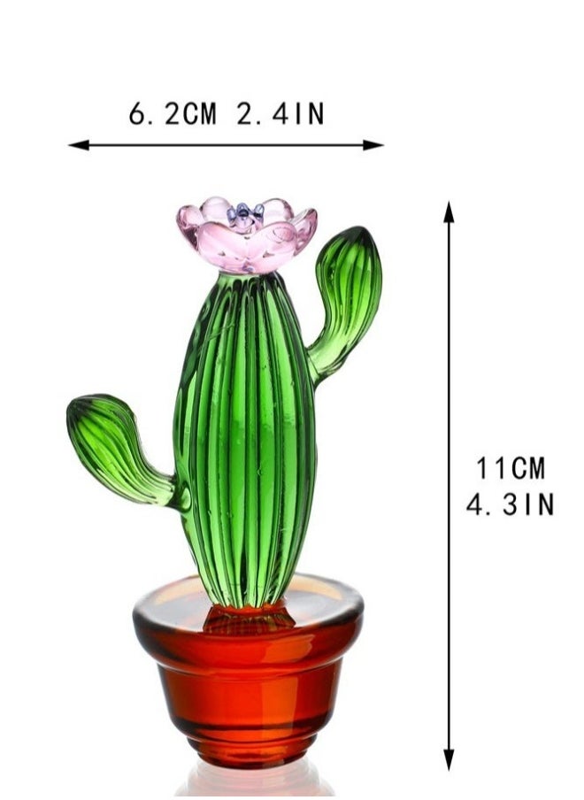 Handmade Blown Glass Art Cactus  Crystal Miniature Cactus Figurines Home Office Desk Tabletop Simulation Plants Decorations Car Inner Ornaments(4.3inch)