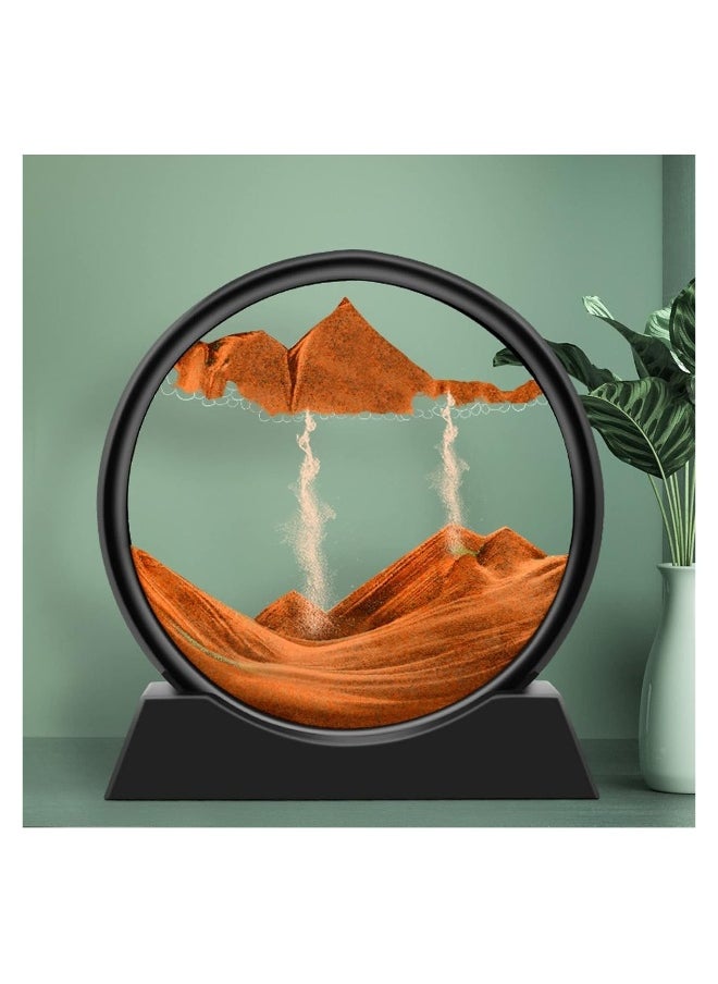 Flowing Sand Painting Moving Sand Art Picture Round Glass 3D Deep Sea Sandscape in Motion Display Flowing Sand Frame Home Office Desktop Decorations 7IN Yellow