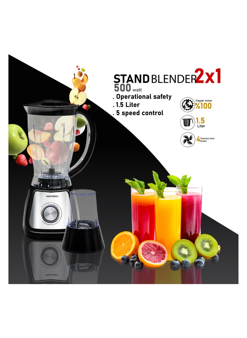 2 In 1 Stand Blender & Grinder | 1.5L | 500W | 5 Speeds | Pulse Function | Stainless Steel Blades | UNBREAKABLE Jar | BPA-Free | 100% Copper Motor | Safety Lid Lock | MT-BL155