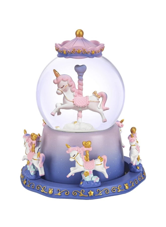 Snow Globe Carousel Music Box with Color Changing LED Lights Plays 6 Songs Like Castle in The Sky Rotating 5 Horses Musical Birthday Gift for Kids Girls Women