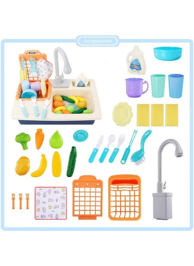 Pretend Play Modern Kitchen Set, Electric Dishwasher With Running Water, Kitchen Accessories With Utensils And Cutting Play Food For Kids- Multicolor