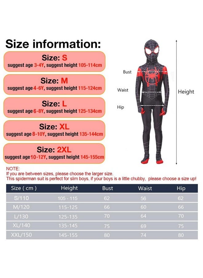 ® Spiderman Costume For Kids, 3D Lenses Cosplay Costume Black Spider Man Miles Morales Bodysuit Silk-Feel Fabric Fancy Spiderman Dress For Boys Gift Halloween Party (Size Xl)