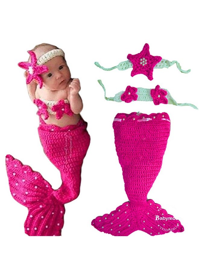 Set Of 3 Crochet Mermaid New Born Photography Shoot Props Costume (6-18 Months, Pink)