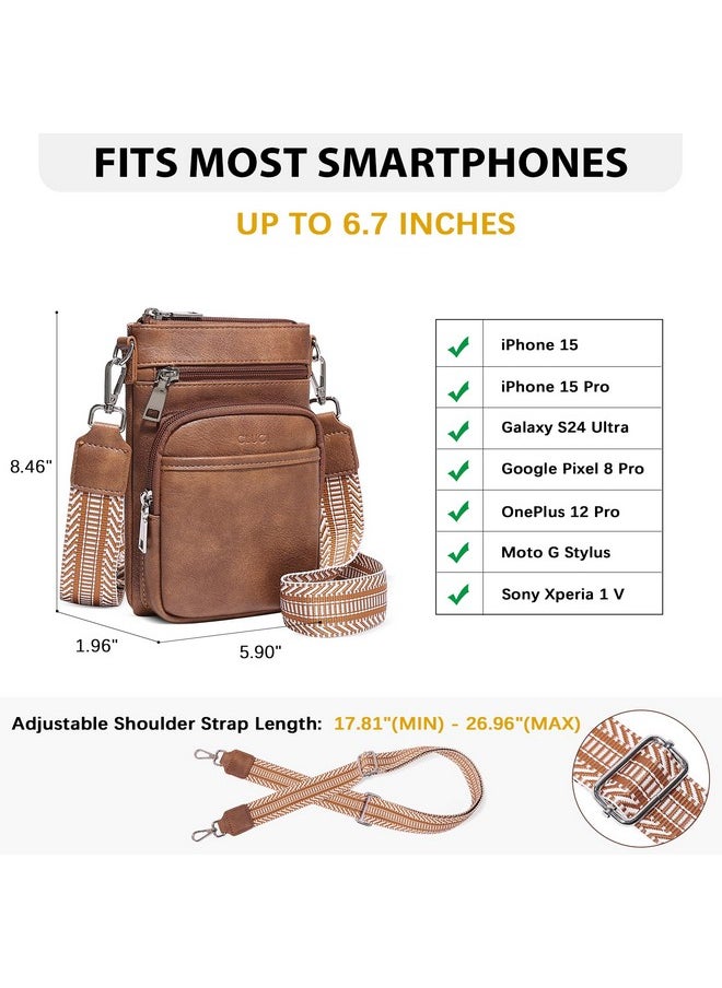 Small Crossbody Bags For Women Pu Leather Cell Phone Purse Wallet With Adjustable Guitar Strap Brown