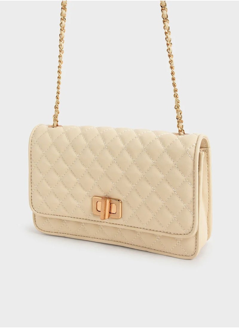 Charles & Keith Metallic Turn-Lock Quilted Clutch