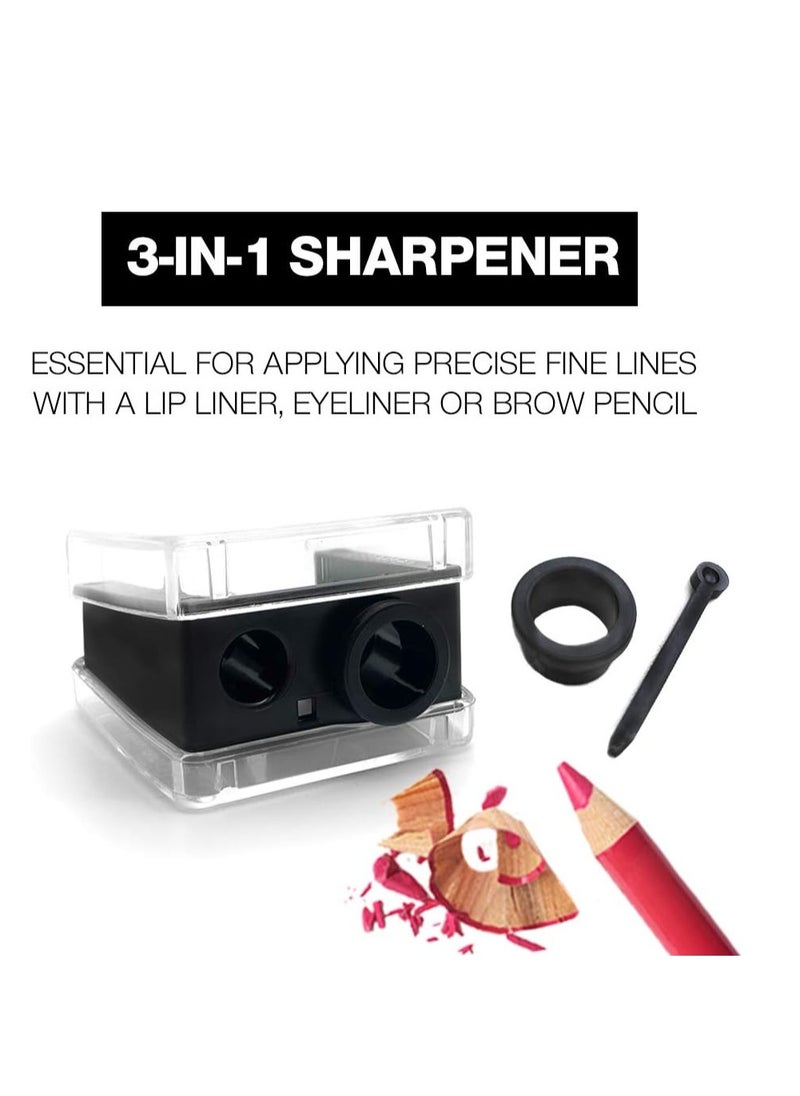 Palladio Double Barrel 3 in 1 Cosmetic Pencil Sharpener with Cover, Stainless Steel Blade, Size Adjuster, Essential for Small and Extra Large Lip Liner, Eyeliner, Brow Pencils